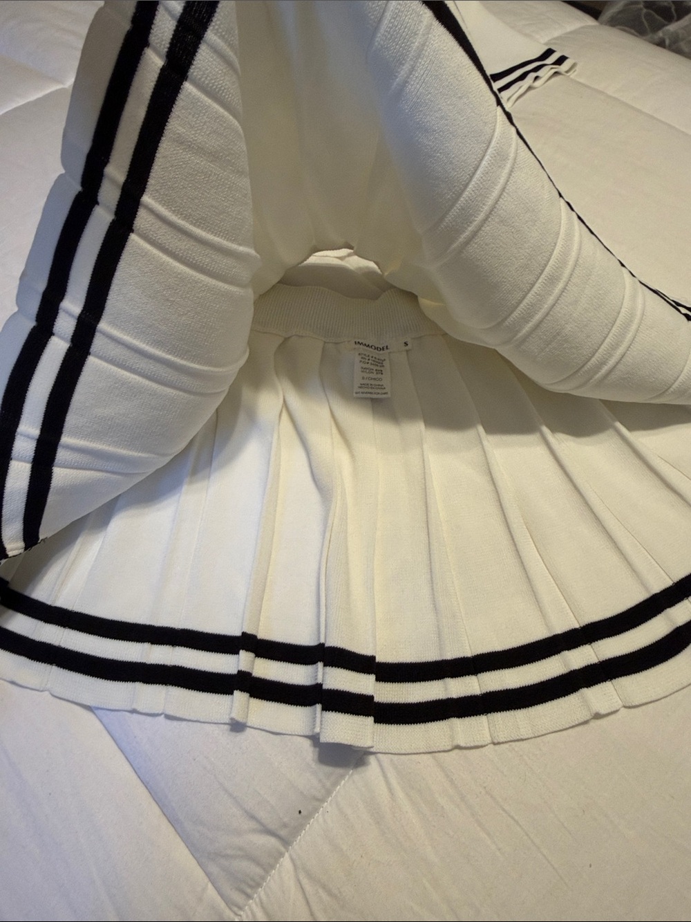 Trendy White Knit Polo Top & Pleated Mini Skirt Set with Black Stripes - Picture 6 of 11